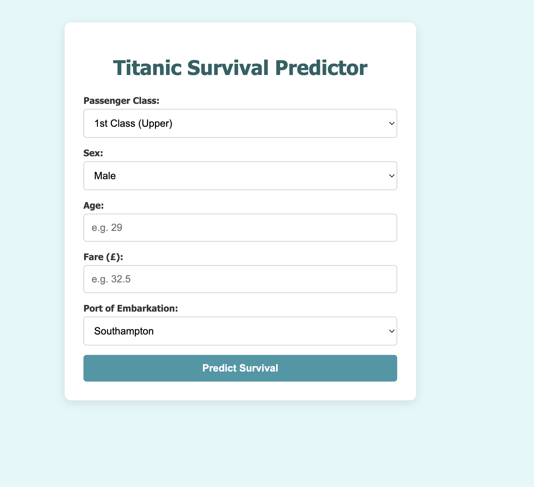 Titanic Survivor Predictor interface
